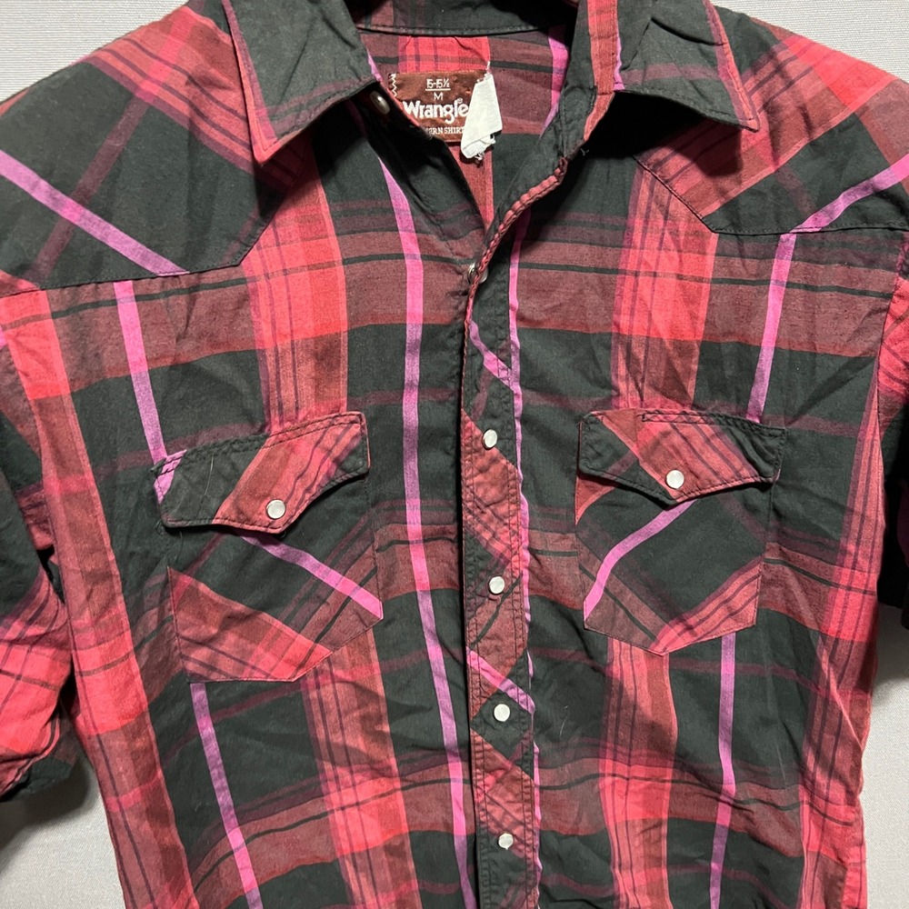 Wrangler Mens Western Pearl Snap Shirt Red Black Purple Plaid Short Sleeve M - Picture 4 of 4